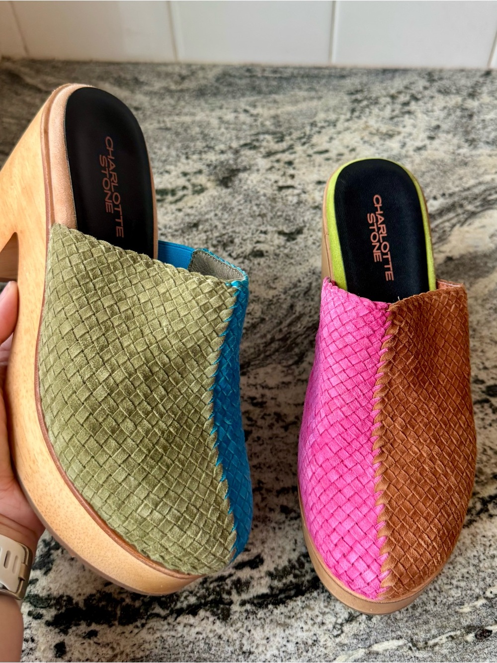 Charlotte Stone "Martino" Woven Suede Clogs in Nassau. Size 8. EUC